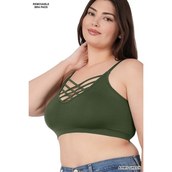 2X/3X Army Green Front V Lattice Bralette + bra padding adjustable straps Zenana - Picture 3 of 16